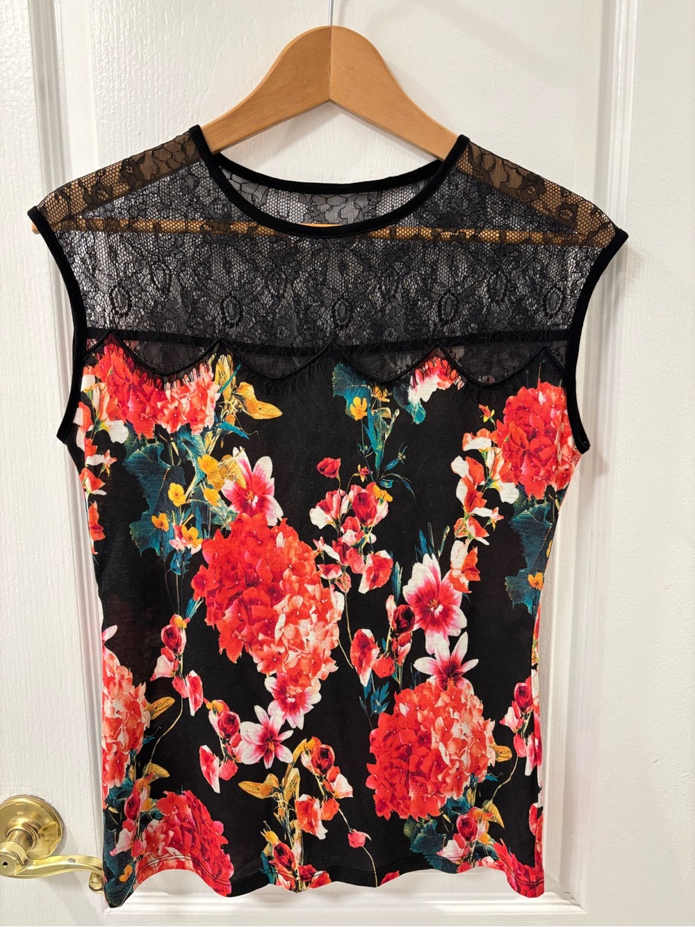 Karen Millen Floral Jersey Top with Black Lace Yoke